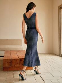 Anewsta Vestido jeans jacquard elegante, sem mangas, midi, justo e moderno para mulheres, adequado para primavera/verão, Páscoa, festivais, feriados e férias - Azul - Ver 2