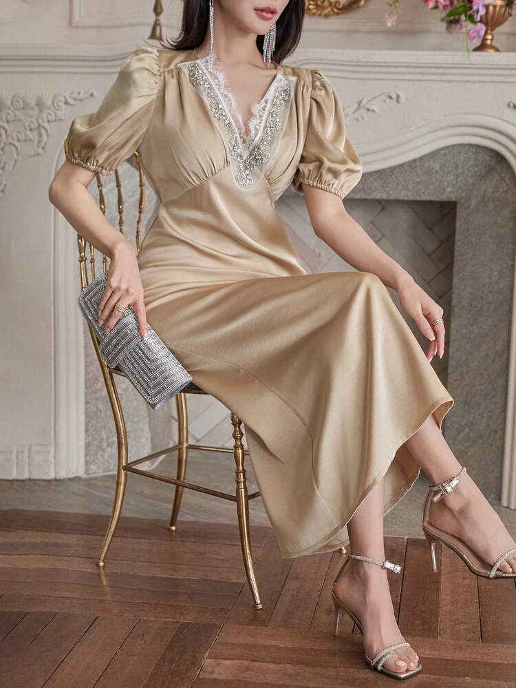 Patchwork Sequins Lace Trim Sleeves V-Neck Empire Waist Dress, Elegant Summer Women Long Gown,Formal Women Dresses Luxury Prom Dress