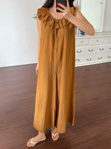 DAZY Simple Style Ruffled Hem A-Line Wide Leg Backless Loose Fit Women's Jumpsuit Loungewear Pajama - Camel - View 4