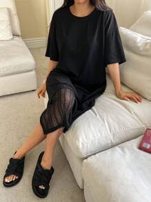 DAZY 休闲宽松家居服，女士拼接设计家居服，Moo Moo 睡衣 - 黑色 - 查看 5