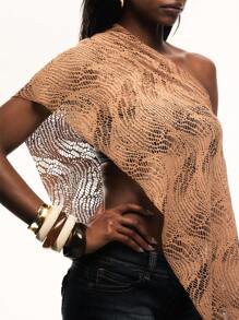 TypaGal Loose Round Neck Long Sleeve Hollow Pullover - Coffee Brown - View 3