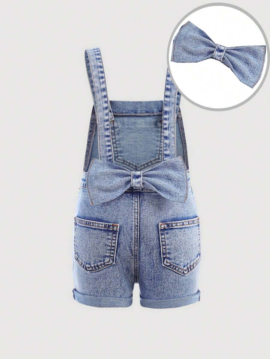 SHEIN 少女3D蝴蝶结装饰蓝色牛仔弹性修身背带短裤 - 淺色水洗藍 - 查看 1
