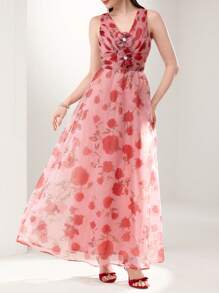 Modelyn Women's Elegant Summer Pink Floral Maxi Dress,V-Neck Sleeveless Wedding Ninang Gown,3D Floral Appliques Pearl Accents Woven Textured Flared Hem Dress - Multicolor - View 8
