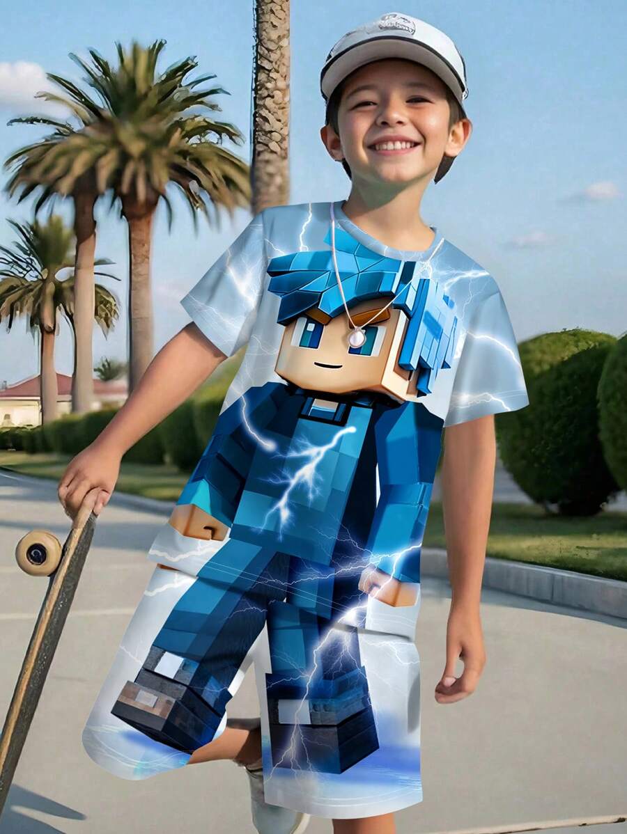 SHEIN 2 件儿童/青少年男孩休闲简约短袖圆领服装套装，适合夏季