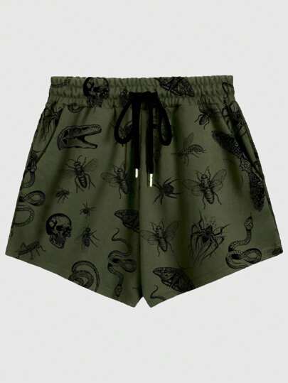 Goth Plus Size Plant & Insect Print Drawstring Waist Casual Shorts, Suitable For Home, Outdoor