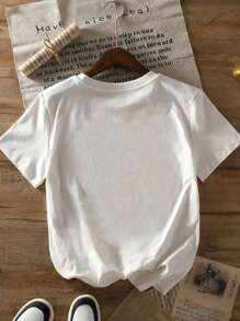 Women's T-Shirt With Funny Stick Figure And Text, Shanhaijing Theme Design, Comfortable Round Neck Casual Tee Shirt, Short Sleeve, Spring/Summer - White - View 2