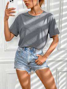 INAWLY Áo Crop Top Tay Ngắn Màu Trơn Thường Ngày Mùa Hè - Màu xám đen - Xem 3
