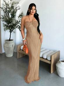 SHEIN SXY 女式夏季海滩度假风格纯色荷叶边吊带连衣裙 - 卡其色 - 查看 4