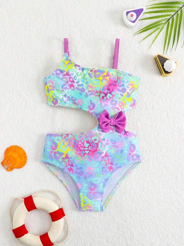 Costume da bagno intero per ragazze giovani con stampa casuale e decorazione a fiocco in stile traforato, per l'estate