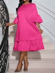 SHEIN Lady 春夏休闲优雅波西米亚风优雅休闲工作白色圆领花瓣袖长袖女士连衣裙度假装女士沙滩装女士海滩度假沙滩裙婚礼宾客礼服女士商务休闲女士舞会礼服 - 玫紅色 - 查看 6