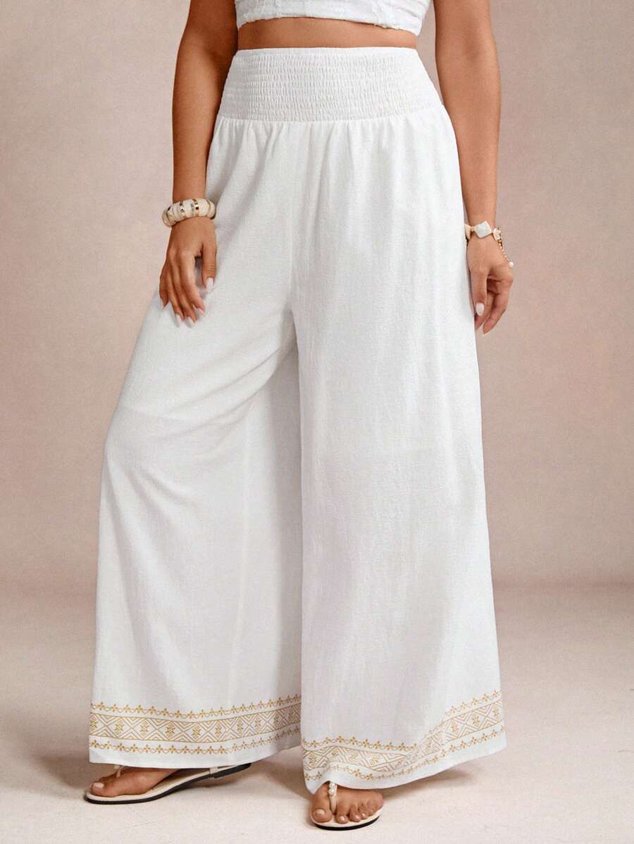 SHEIN VCAY Quần ống rộng dáng rộng phong cách cổ điển dành cho nữ cỡ lớn, họa tiết hoa, thích hợp mặc khi đi chơi, Ngày của Mẹ, đi nghỉ, tiệc tùng, trang phục phương Tây - Màu be - Xem 1