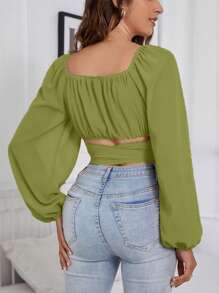 SHEIN Unity Women's Solid Color Sweetheart Neck Pleated Waist Twist Lantern Sleeve Blouse - Olive Green - View 2