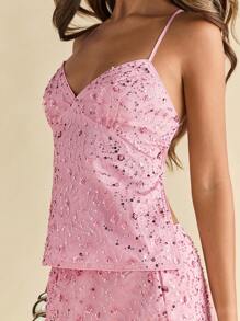 SHEIN BAE 春夏纯色粉色亮片吊带背心，女士露背吊带背心，假日上衣，刺绣亮片上衣，假日沙滩粉色露背上衣 - 粉色 - 查看 7