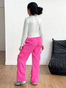 SHEIN 2pcs Tween Girls Cargo Pants With Pockets & Long Sleeve Top All-Match Street Casual Outfit Set - Multicolor - View 2