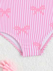 Newborn Girls Swimwear One-Piece Swimsuit For Newborn Girls Spaghetti Strap Bow Trim Swimsuit Knitted Polyester Digital Print Bow Pattern Swimsuit Plus Hat Cute Seaside Swimsuit For Newborn Girls