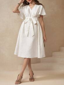 SHEIN Clasi 女式 V 领短袖系带蝴蝶结 A 字刺绣白色优雅日常休闲社交中长连衣裙，春夏 - 白色 - 查看 5