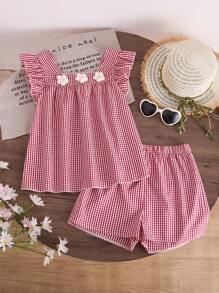 2pcs/Set Teenage Girls Casual Floral & Striped Pattern Comfortable Sleeveless Top And Shorts Set, Summer