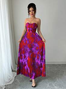 Elenzga Vestido plisado de impresión completa con cintura ajustada tipo bandeau - Morado - Ver 4