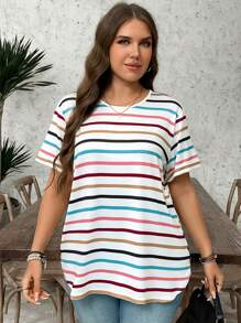 SHEIN LUNE 加大码圆领条纹印花短袖休闲日常秋季 T 恤，旅行机场情人节度假夏季外出上衣，商务休闲夏季办公室