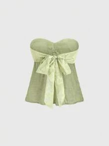 Sweetra Parte superior sexy de halter con fruncidos en la espalda, bordado y cuentas, ideal para vacaciones de primavera/verano junto al mar. - Verde - Ver 2