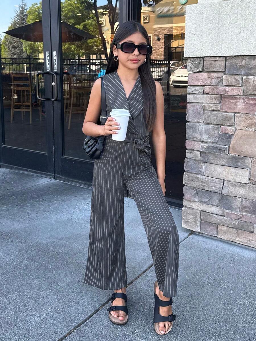 Nova Glow Tween Girl 时尚 V 领蓝色条纹连体裤休闲通勤裤 - 藍色 - 查看 1