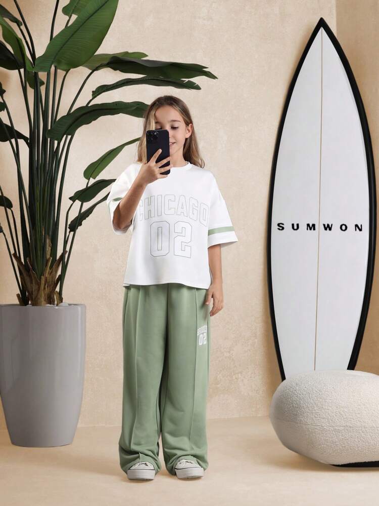 Chicago Varsity Print T Shirt With Wide Leg Trousers