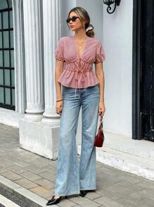 Pariaura French Casual Vacation Sexy Bowknot Up Ruffle Hem Short Sleeve Women Blouse - Multicolor - View 3