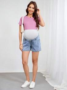 SHEIN Shorts vaqueros casuales para maternidad con cintura ajustable, bordado de lazo