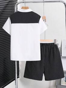 Ținută casual pentru băieți preadolescenti, 2 buc.: cămașă cu guler scurt și pantaloni scurți cu talie elastică, confortabilă, la modă, versatilă, moale, potrivită pentru primăvară, vară, purtare zilnică, joacă în aer liber, școală, stradă, petrecere și timp liber. - Alb-negru - Vizualizare 3