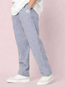 SUMWON Twill Seersucker Pull On Pants Relaxed Fit Classic Stripe Pattern Straight Leg Casual Everyday School Uniform Style Vacation Spring Summer