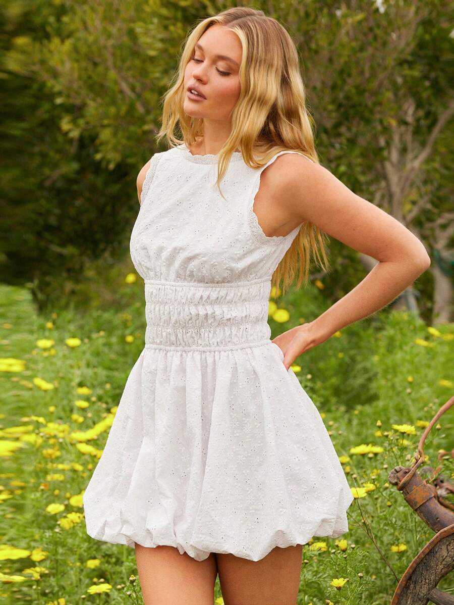 WESTFADE Western Summer Floral Eyelet Ruffle Round Neck Smocked Waist Backless Sleeveless Bubble Hem Mini Boho Dress Cowgirl Nashville Rodeo Vacation Cute Brunch Outfit - Pink - View 1