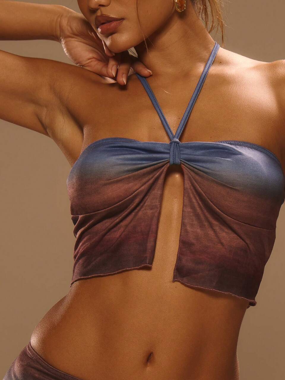 Halterneck Ombre Split Front Crop Top Summer Vacation Elegant Ibiza Cute Beach Festival Rave Boho Beachwear HOLIDAY, SUMMER Spring