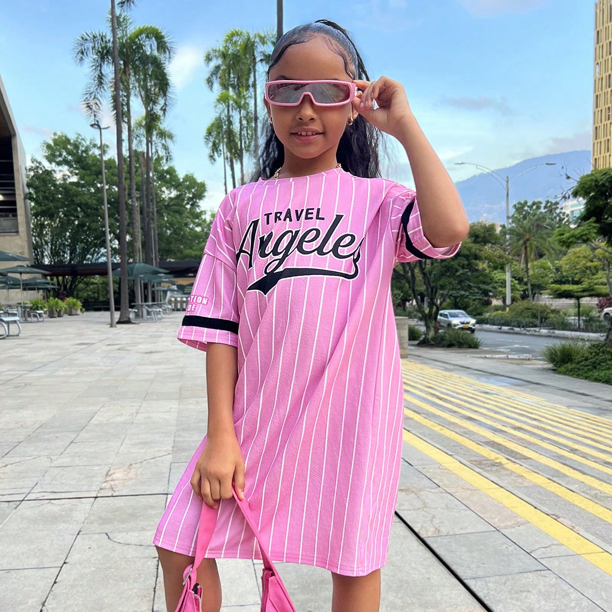 Vestido corto de manga corta con cuello redondo y rayas rosas de moda para niña preadolescente, vestido de camiseta rosa primavera/verano, para volve