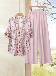 Rusticease Women's Tropical Floral Print Ruffle Sleeve Shirt And Wide Leg Pants 2 Pieces Set