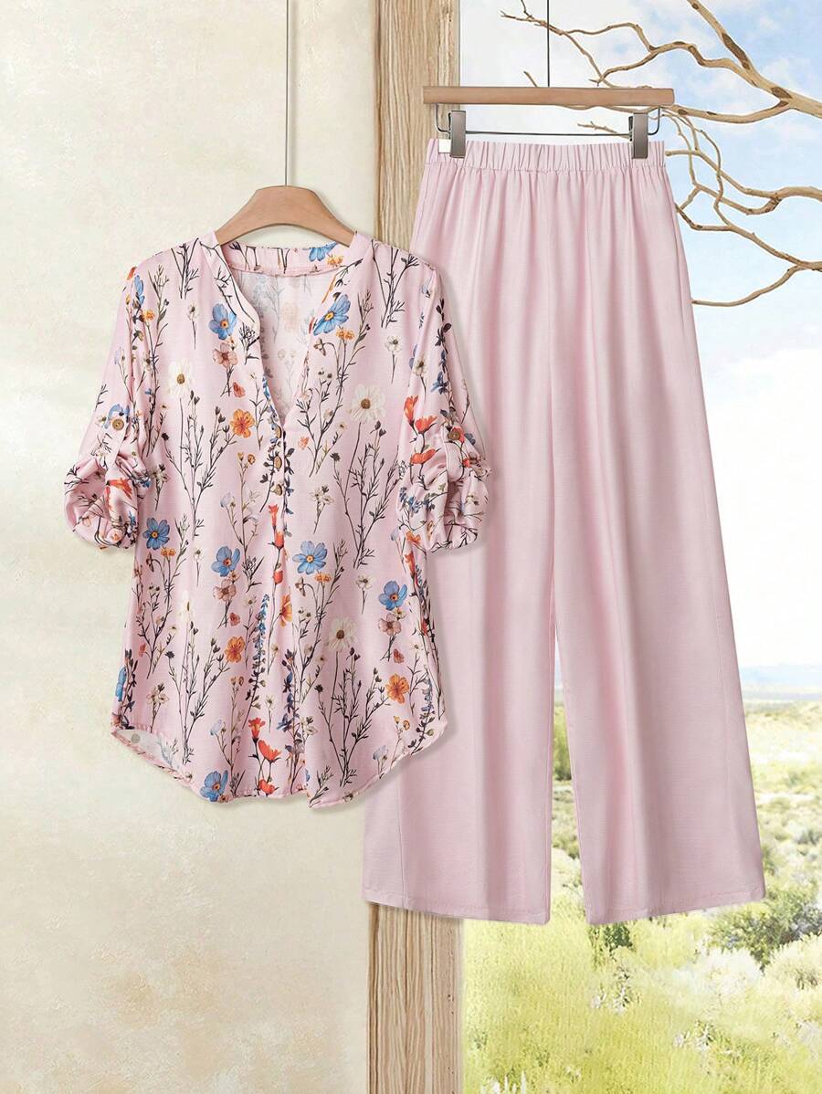 Rusticease Women's Tropical Floral Print Ruffle Sleeve Shirt And Wide Leg Pants 2 Pieces Set