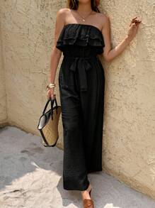 Serisse Women Solid Color Waist Band Strapless Layered Jumpsuit, Sleeveless Black Summer Casual - Black - View 4