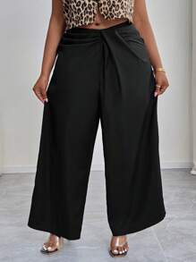 SHEIN PETITE CURVE Plus Size Casual & Commute Solid Color Ruched Wide Leg Pants - Black - View 5