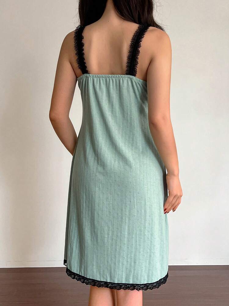 Color Blocking Lace Patchwork Hem Split Hem Ladies' Cami Nightgown Pajama Dress