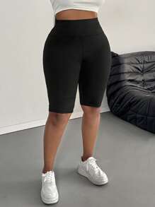 SHEIN PETITE CURVE Plus Size Women Plain Color Casual Basic Leggings, Suitable For Summer Short Leggings Mid-Thigh Shorts, Suitable For People Of Shorter Stature