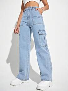 SHEIN EZwear 大码女式休闲直筒牛仔裤，带工装口袋，浅蓝色牛仔长裤