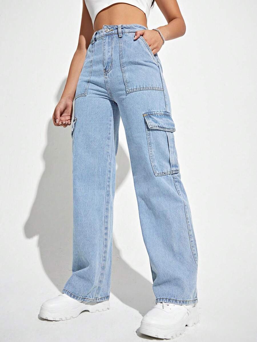 SHEIN EZwear 大码女式休闲直筒牛仔裤，带工装口袋，浅蓝色牛仔长裤
