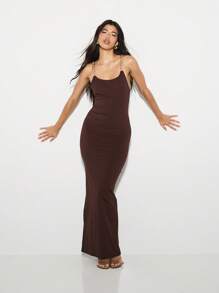 KIZN Luxurious Chain Strap Maxi Dress Evening Bodycon Floor Length Gown Fitted Form Special Occasion Statement Holiday Season Party Elegant - Brown - View 1