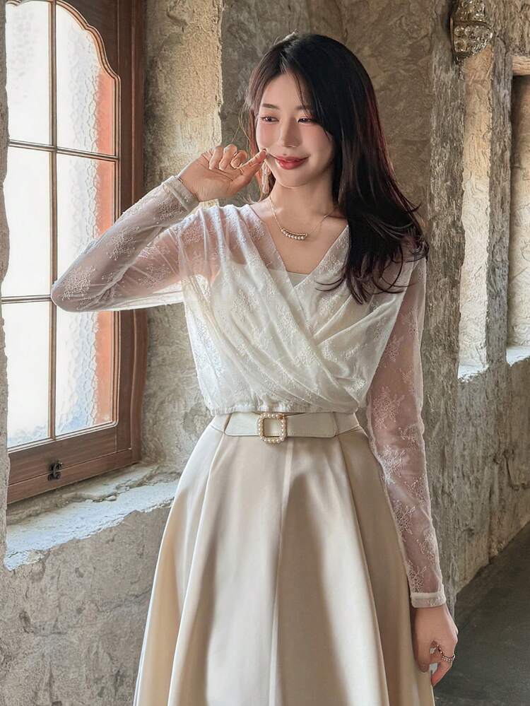 Women's French Romantic Sheer Lace Crisscross Design Lace Blouse Top Long Sleeve Women Tops