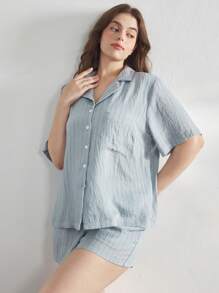 Ocili Conjunto de pijama de talla grande de lino suave a rayas con cuello, ropa de hogar informal - Azul - Ver 6