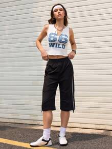 SHEIN Sports 女士松紧腰侧条纹宽松短款休闲运动裤 - 黑色 - 查看 2