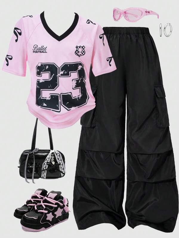 2 Pieces Set: Tween Girl American Style Graphic T-Shirt With Shoulder Contrast And Appliqued Cargo Pants Outfit Sets Teens Set Outfit For Teens