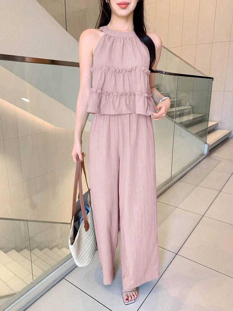 2pcs Set Women Solid Color Frill Trim Sleeveless Top And Wide Leg Pants,Back To School Clothes