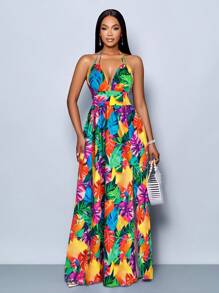 SOLERSUN 女式休闲假日深 V 领露背褶饰开衩大腿长裙，带植物印花 - 彩色 - 查看 3