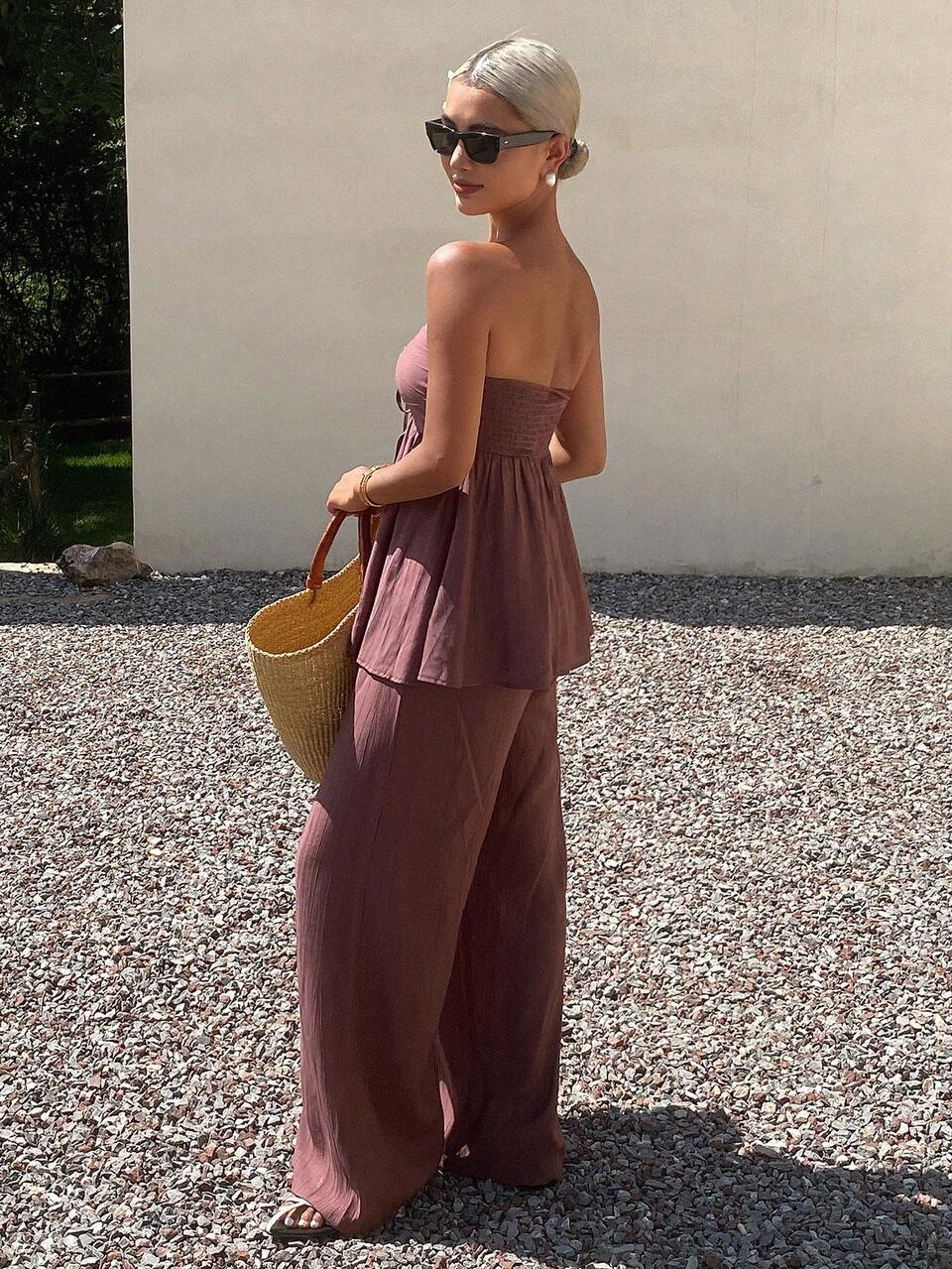 2pcs Set Women Bandeau Top And Wide Leg Pants, Fashionable For Summer Lounge Sets For Women Short Sets For Women