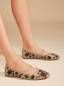 SHUZIA Fashionable Floral Nude Embroidered Mary Jane Buckle Strap Round Top Versatile Comfort Fit Office